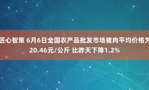 匠心智策 6月6日全国农产品批发市场猪肉平均价格为20.46元/公斤 比昨天下降1.2%